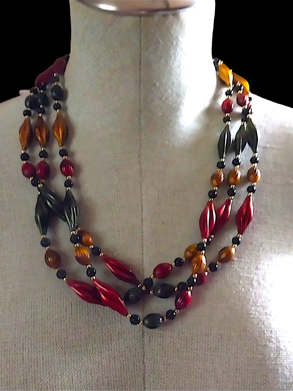 Three-Strand Red, Amber & Olive Bead Necklace -
